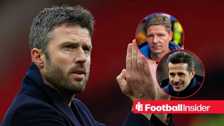Michael Carrick applauding at Old Trafford, with Oliver Glasner and Marco Silva in circular insets