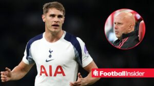 Tottenham defender Micky van de Ven in action during a game as Liverpool manager Arne Slot watches from a circular inset.