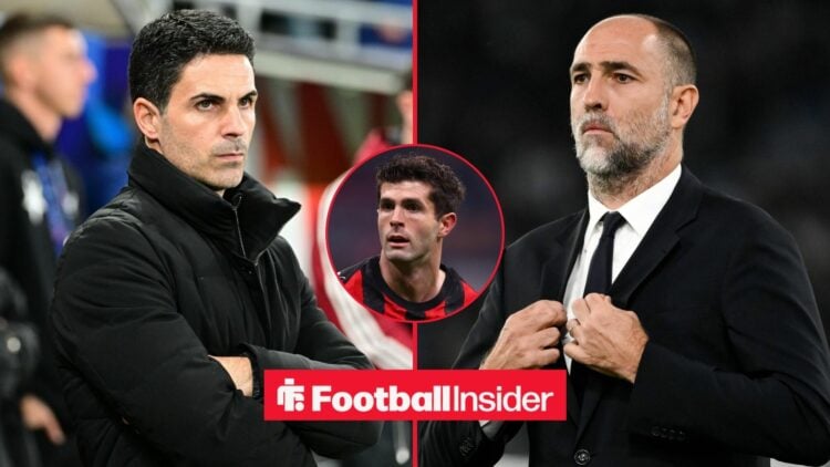 Arsenal manager Mikel Arteta and Tottenham boss Igor Tudor stare across a split image, as Christian Pulisic features in a central inset.