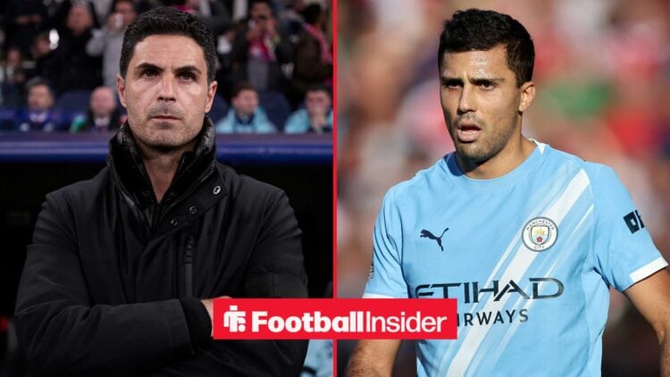 Mikel Arteta standing on the sidelines, Rodri in the 2025-26 Man City kit