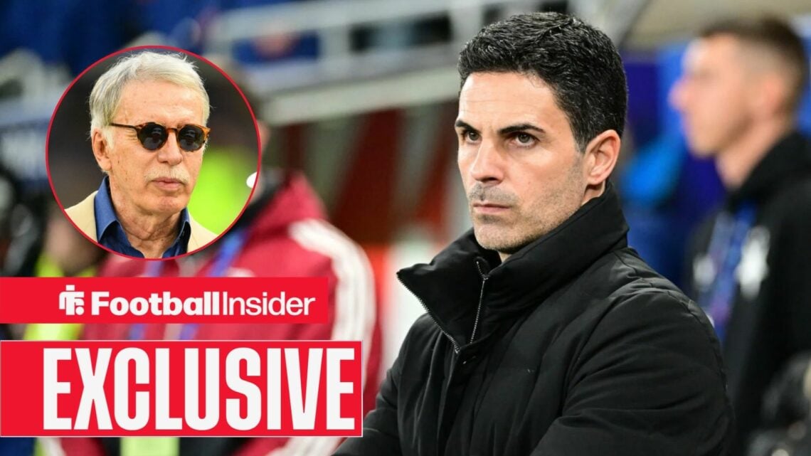 Football Insider exclusive as Arsenal manager Mikel Arteta looks angrily towards owner Stan Kroenke, who features in a circular inset.