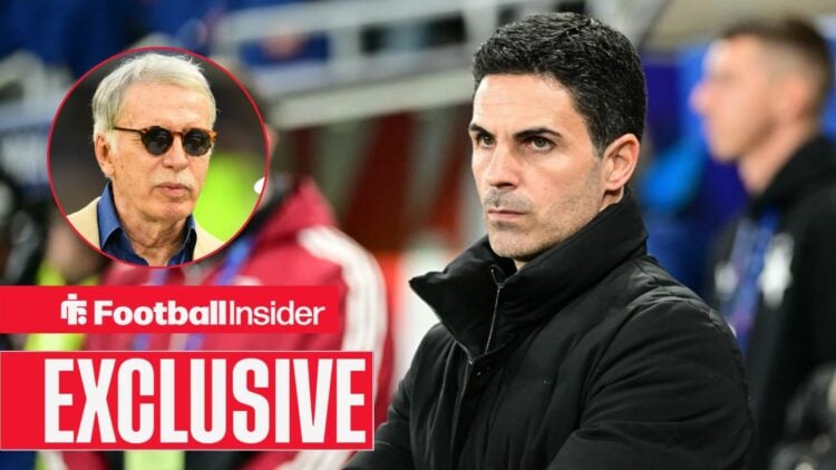 Football Insider exclusive as Arsenal manager Mikel Arteta looks angrily towards owner Stan Kroenke, who features in a circular inset.