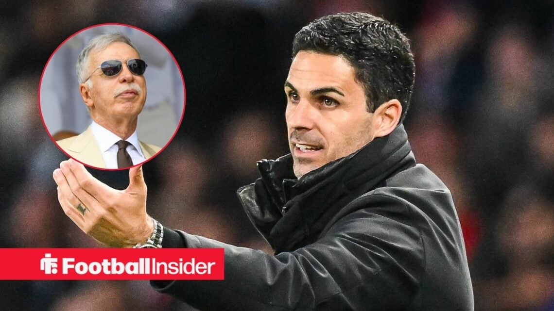 Mikel Arteta with Stan Kroenke included in a circular inset