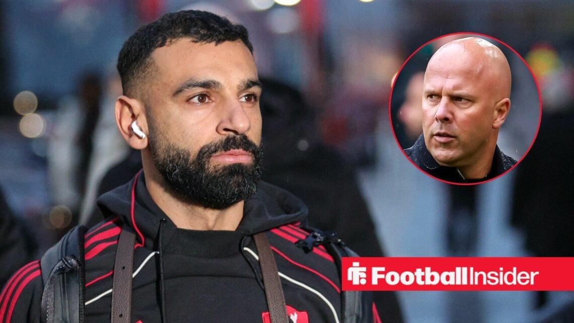 Mohamed Salah pre-match with Liverpool, with Arne Slot in a circular inset