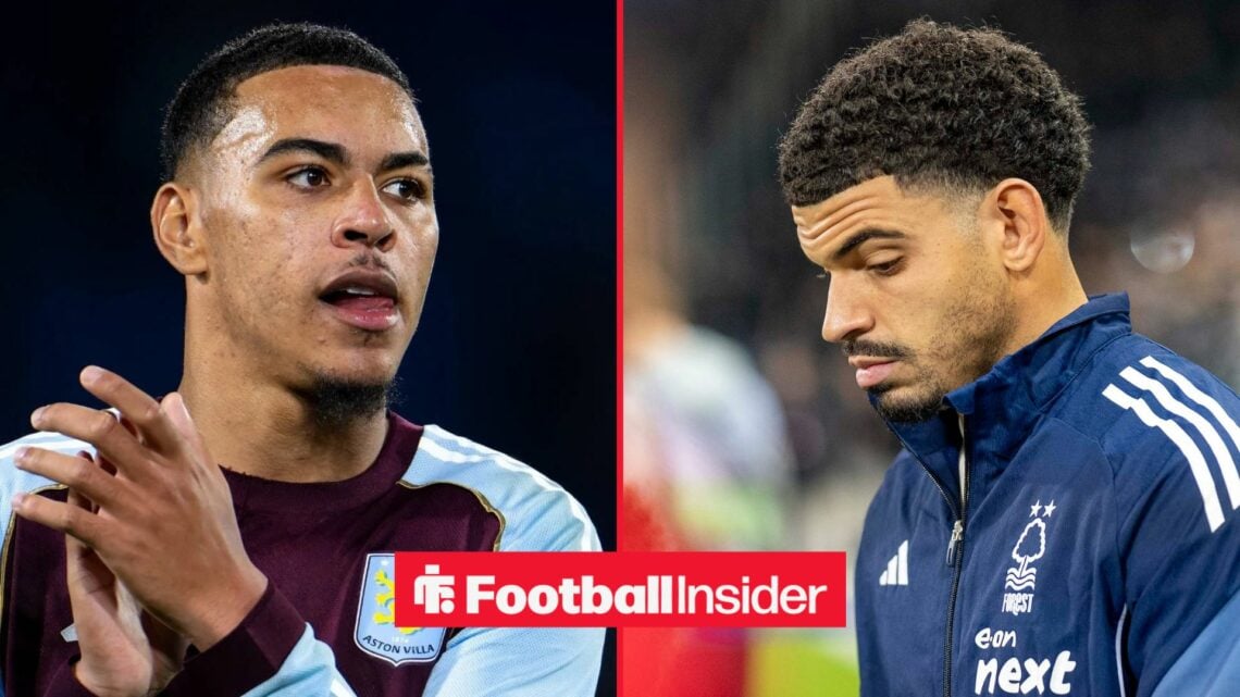 Morgan Rogers in action for Aston Villa, with Morgan Gibbs-White in action for Nottingham Forest