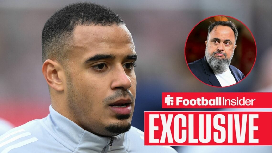 Football Insider exclusive as Nottingham Forest defender Murillo glances towards owner Evangelos Marinakis, who features in a circular inset.