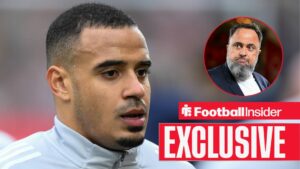 Football Insider exclusive as Nottingham Forest defender Murillo glances towards owner Evangelos Marinakis, who features in a circular inset.