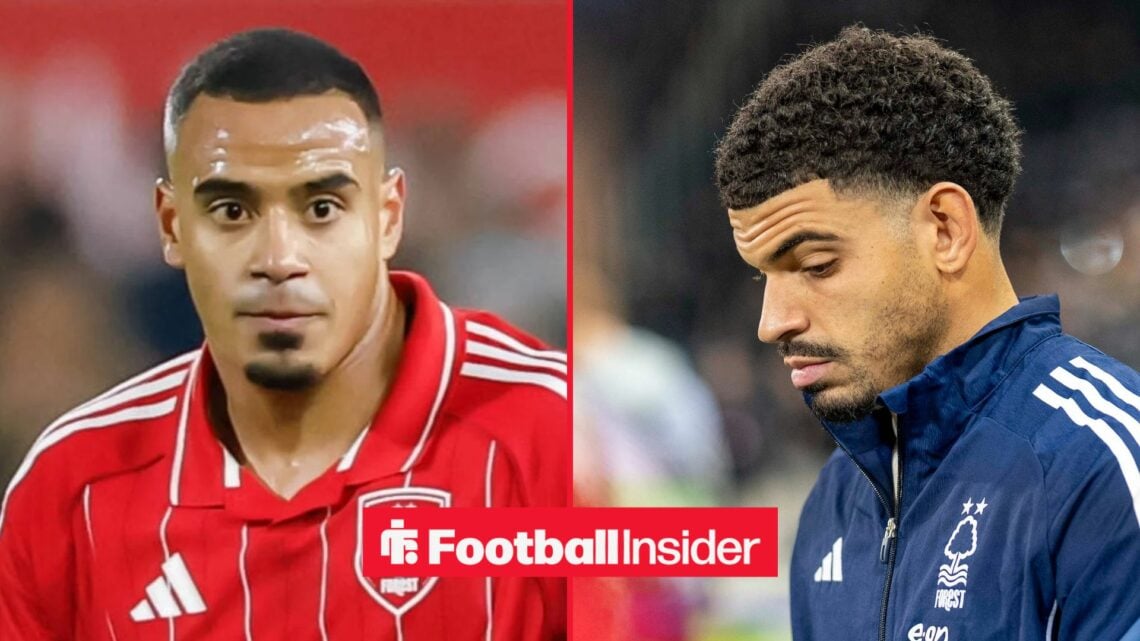 Murillo and Morgan Gibbs-White in action for Nottingham Forest