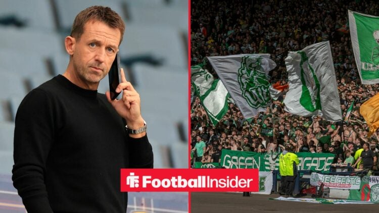 Kilmarnock manager Neil McCann is on the phone as he stares across a split image towards Celtic fans.