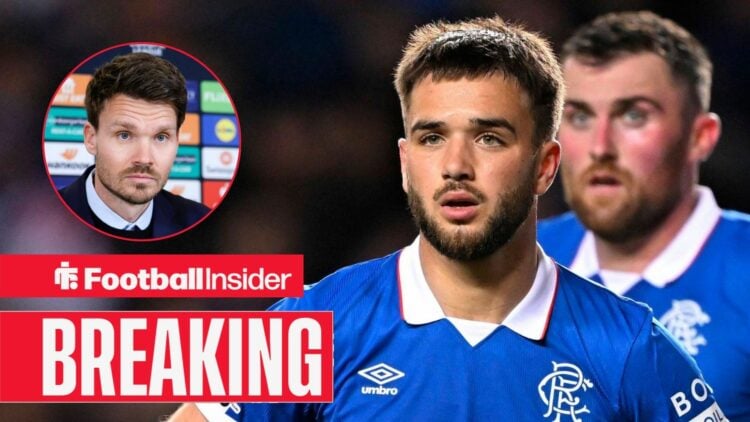 Nicolas Raskin in action for Rangers, with Danny Rohl in a circular inset