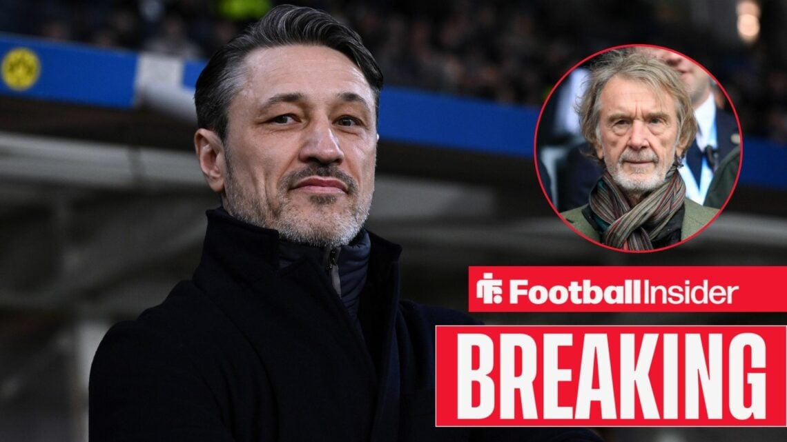 Borussia Dortmund manager Niko Kovac smiles on the touchline, as Manchester United co-owner Sir Jim Ratcliffe watches from a circular inset.