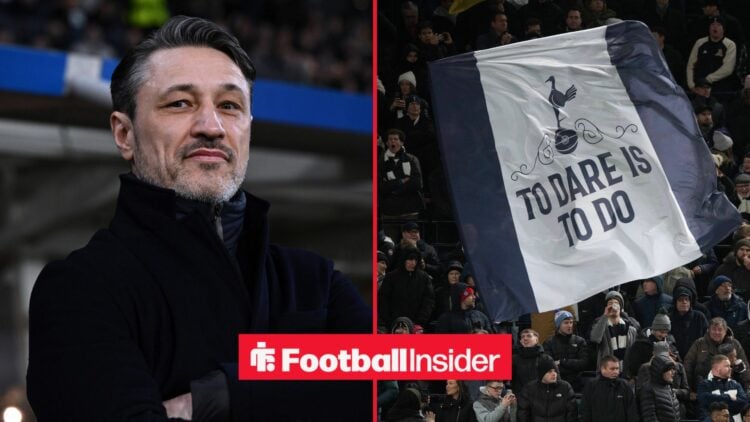 Borussia Dortmund manager Niko Kovac smiles across a split image towards Tottenham fans, who wave a giant flag in the stands.
