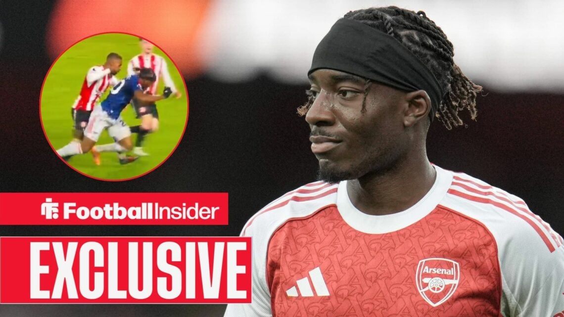 Noni Madueke at Arsenal, clip of controversial incident in a circular inset