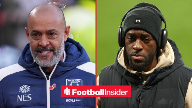 Nuno Espirito Santo in a West Ham training jacket alongside Axel Disasi wearing headphones