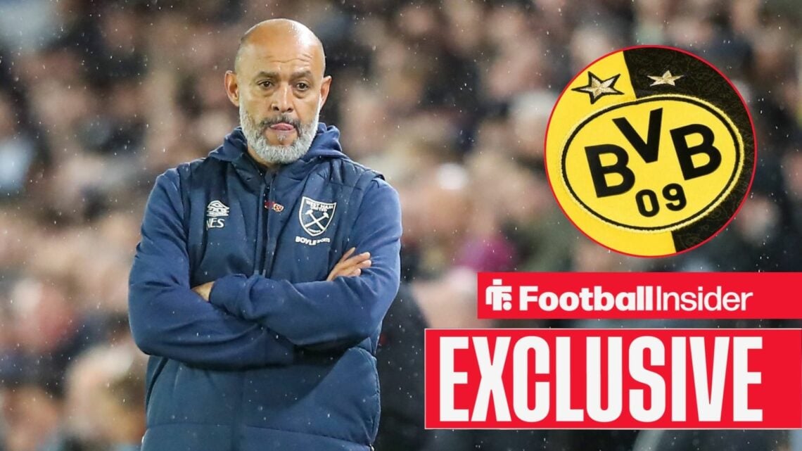 Football Insider exclusive as West Ham manager Nuno Espirito Santo stands with his arms folded as the Borussia Dortmund badge features in a circula...