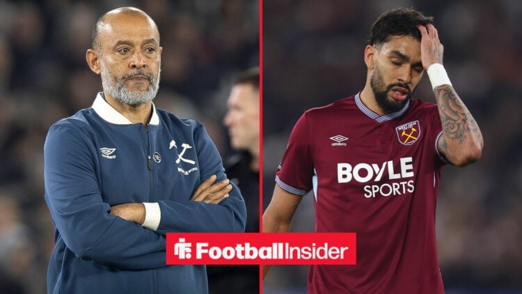 West Ham manager Nuno Espirito Santo stands with his arms folded, as Lucas Paqueta has his hand on his head.