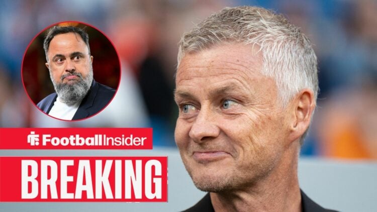 Ole Gunnar Solskjaer smiles towards Nottingham Forest owner Evangelos Marinakis, who features in a circular inset.