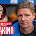 Oliver Glasner on the sidelines at Crystal Palace, with Jim Ratcliffe in a circular inset