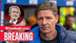 Oliver Glasner on the sidelines at Crystal Palace, with Jim Ratcliffe in a circular inset