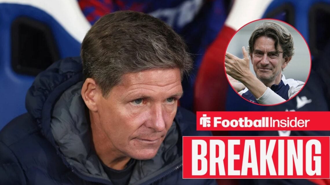 Oliver Glasner in the dugout at Crystal Palace, with Thomas Frank in a circular inset