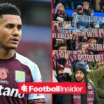 Aston Villa striker Ollie Watkins stares across a split image towards the fans, who hold scarves aloft in the stands.