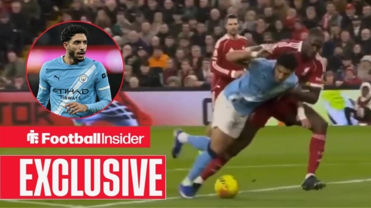 Omar Marmoush fouled by Ibrahima Konate, Man City star in a circular inset