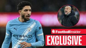 Omar Marmoush of Manchester City during the Premier League match Manchester City vs Sunderland at Etihad Stadium, Manchester, United Kingdom, 6th December 2025 / Pep Guardiola screaming on the sidelines in a circular inset