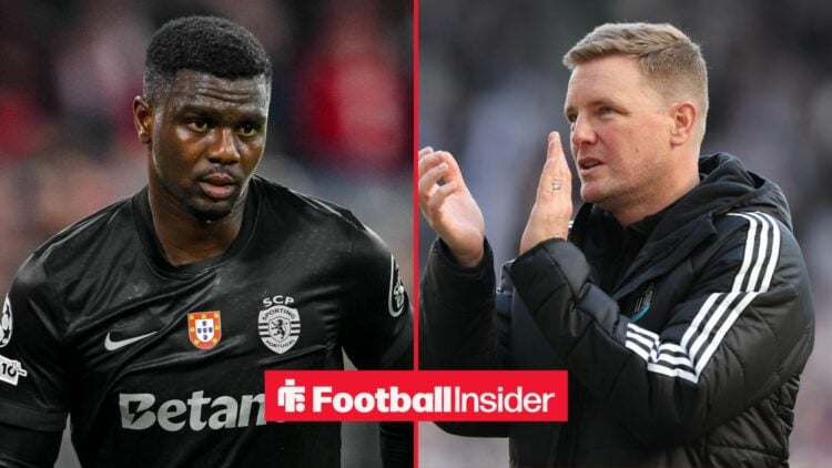 Sporting CP defender Ousmane Diomande in action during a game, as Newcastle manager Eddie Howe applauds on the other side of a split image.