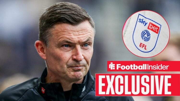Football Insider exclusive as Preston manager Paul Heckingbottom looks towards a circular inset, which features the EFL logo.