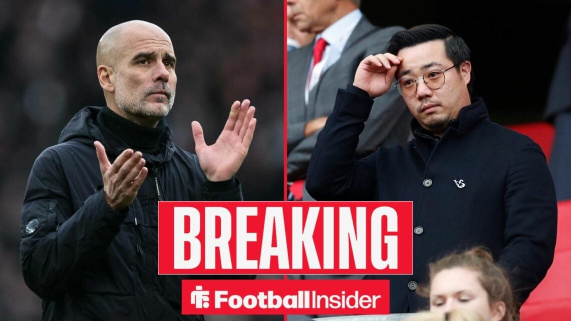 Breaking news as Manchester City manager Pep Guardiola applauds, while Leicester City owner Aiyawatt Srivaddhanaprabha scratches his face.