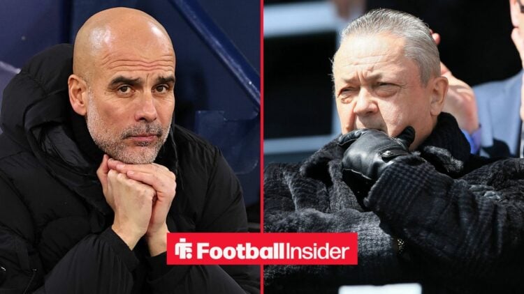 Pep Guardiola with his hands on his chin alongside David Sullivan with his hand on his chin