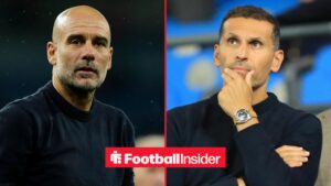 Pep Guardiola looking concerned alongside Khaldoon Al Mubarak with his hand on his chin