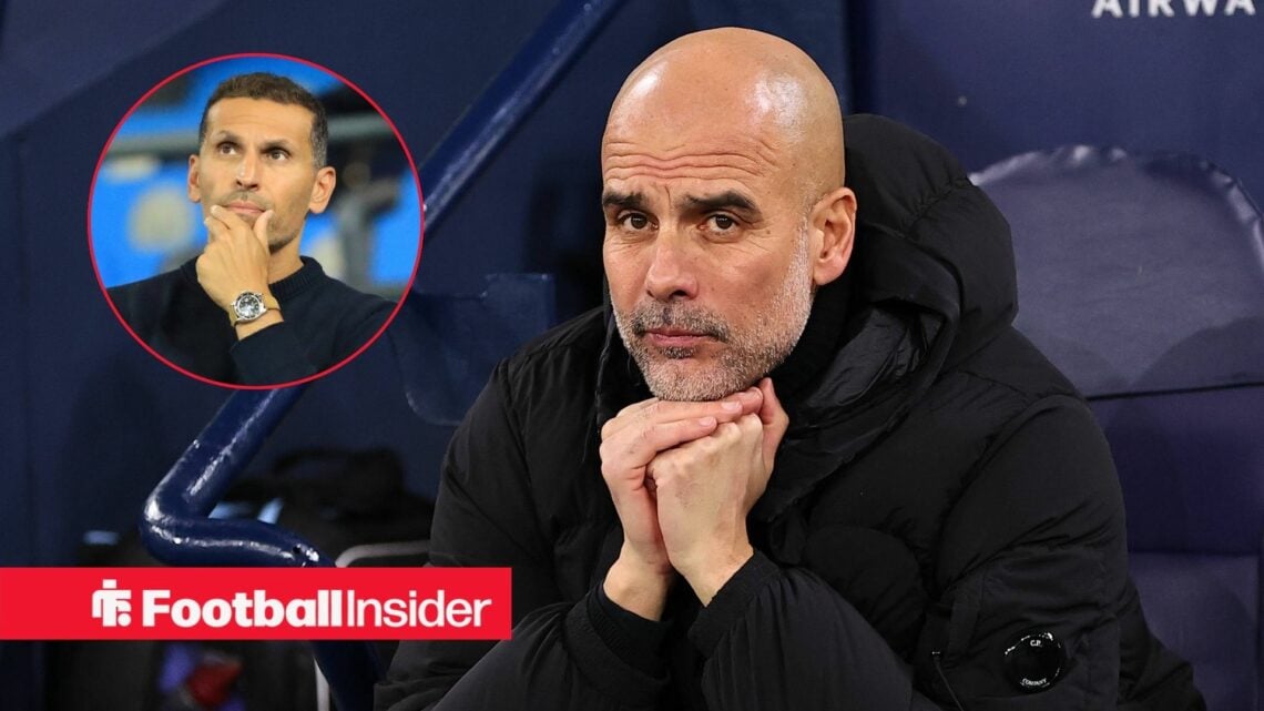 Pep Guardiola with his hand on his chin with Khaldoon Al Mubarak included in a circular inset