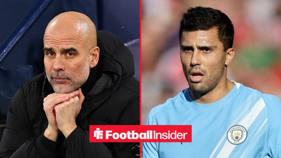Pep Guardiola in the dugout with Rodri in action for Man City