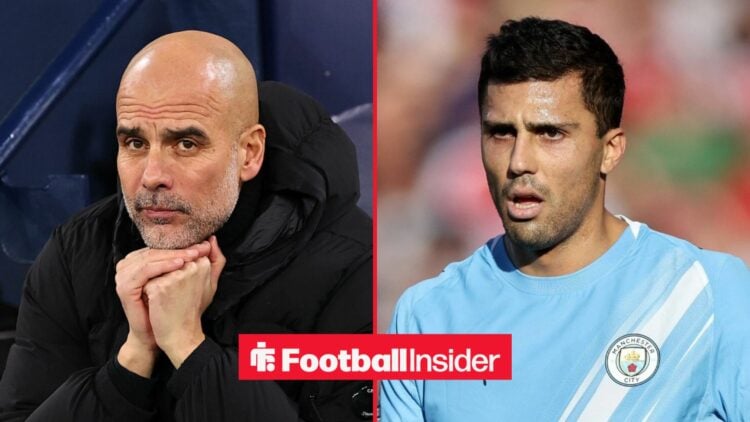 Pep Guardiola in the dugout with Rodri in action for Man City