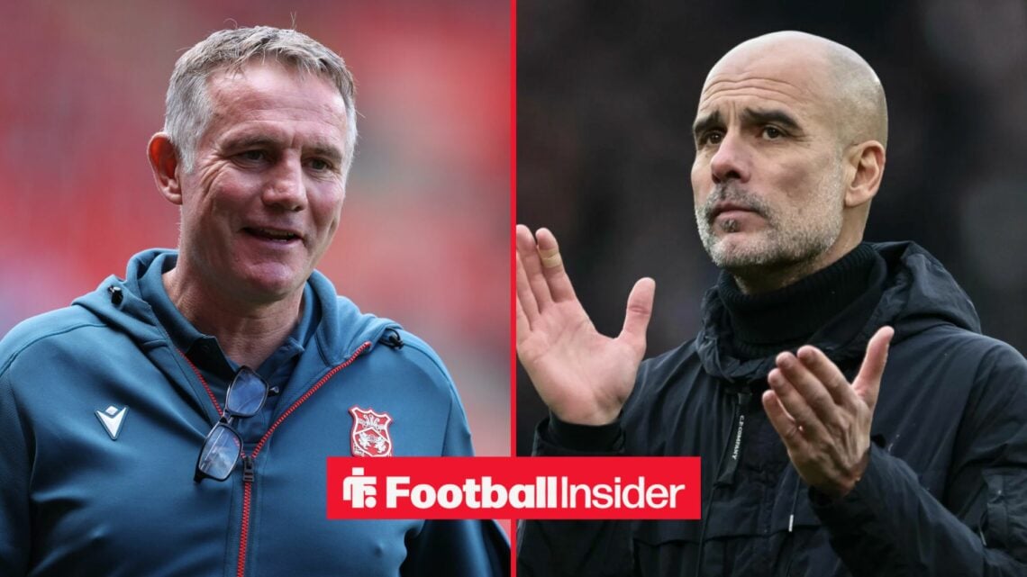 Wrexham manager Phil Parkinson smiles across a split image towards Manchester City boss Pep Guardiola, who applauds in the right half.