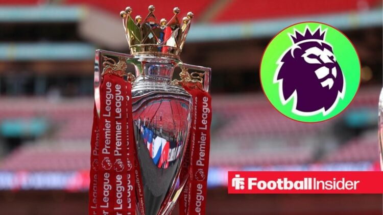 The Premier League trophy features alongside the league's logo, which is in a circular inset.