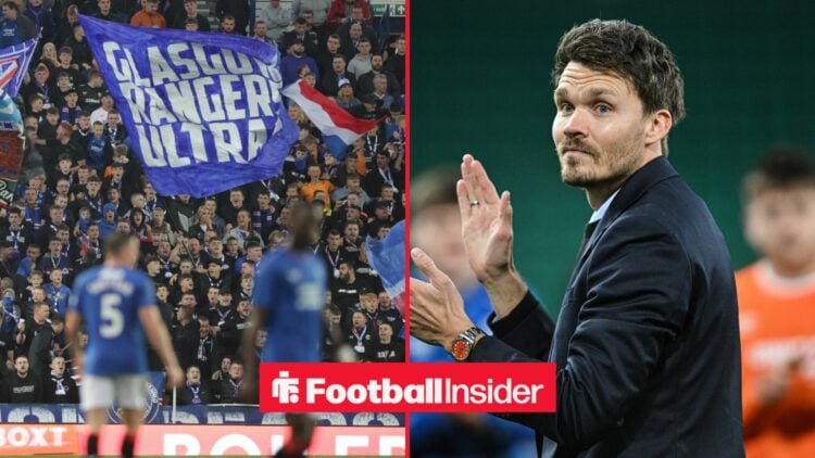 Rangers fans wave flags at Ibrox as Danny Rohl applauds on the other side of a split image.