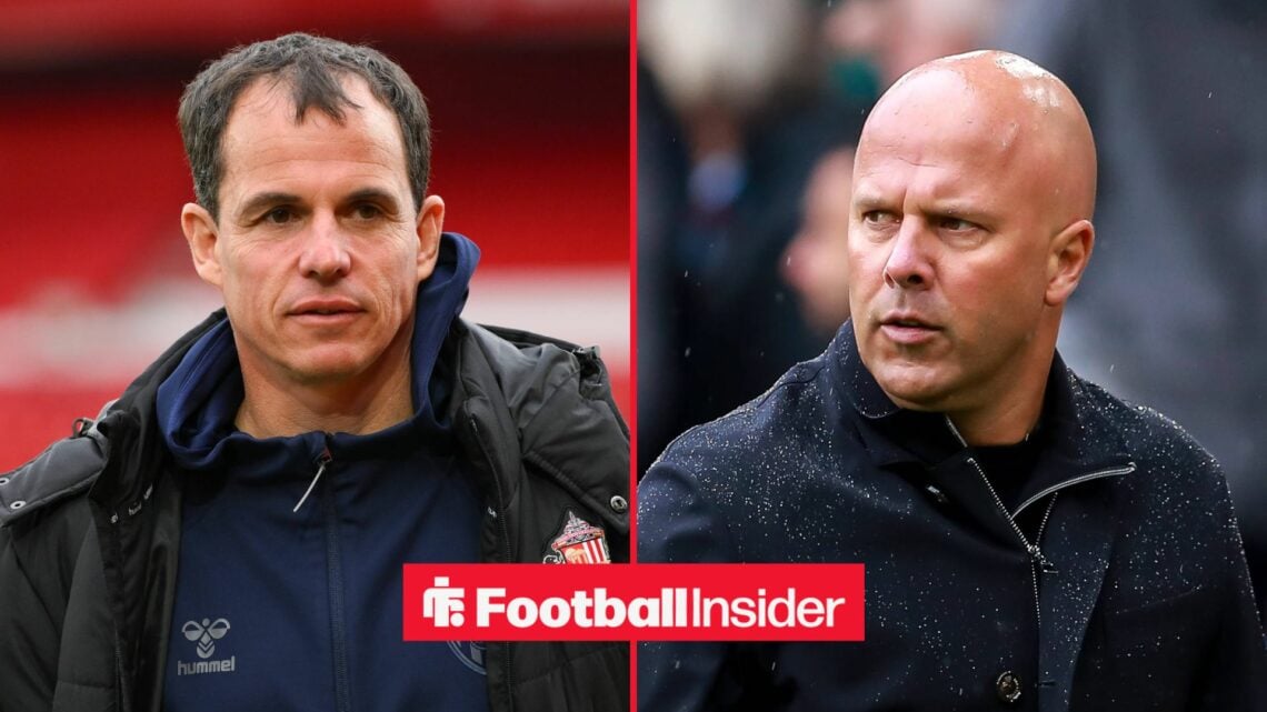 Sunderland manager Regis Le Bris glances across a split image, where Liverpool boss Arne Slot stands in the rain.