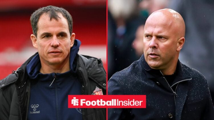 Sunderland manager Regis Le Bris glances across a split image, where Liverpool boss Arne Slot stands in the rain.