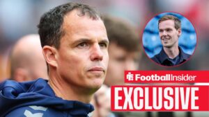 Football Insider exclusive as Sunderland manager Regis Le Bris looks towards owner Kyril Louis-Dreyfus, who smiles in a circular inset.