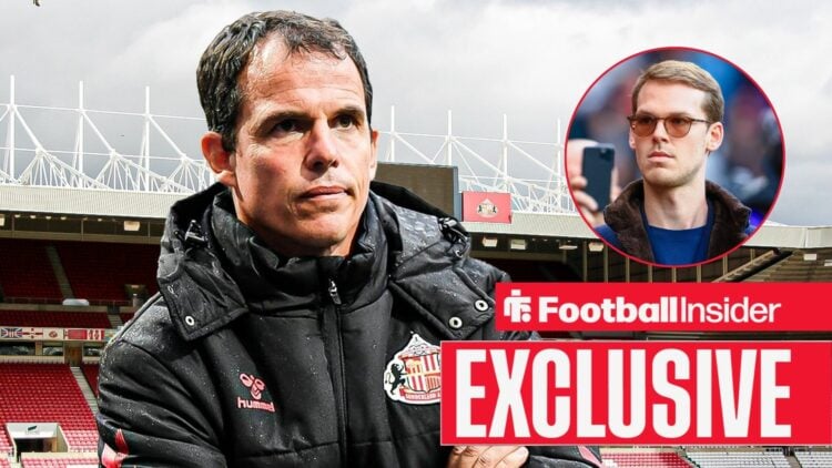 Football Insider exclusive as Sunderland manager Regis Le Bris looks towards a circular inset, which features Kyril Louis-Dreyfus.