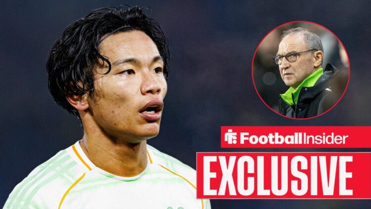 Football Insider exclusive as Celtic midfielder Reo Hatate stares towards manager Martin O'Neill, who watches from a circular inset.