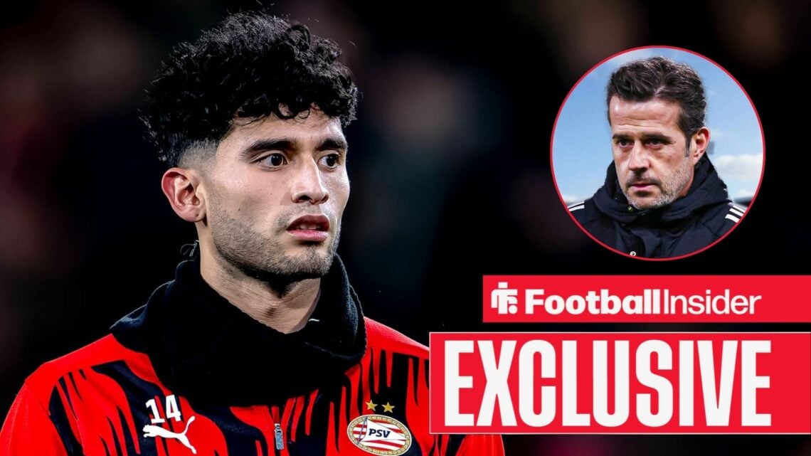 Football Insider exclusive as Ricardo Pepi stares towards Fulham manager Marco Silva, who features in a circular inset.