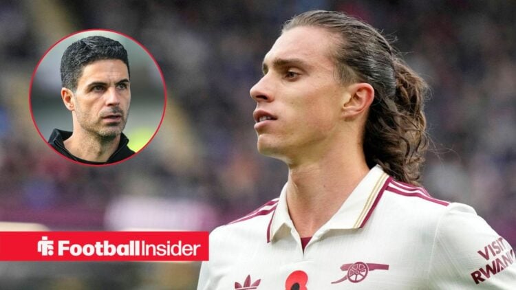 Riccardo Calafiori in action for Arsenal, with Mikel Arteta in a circular inset