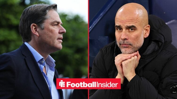 Premier League chief executive Richard Masters alongside Pep Guardiola with his hands on his chin