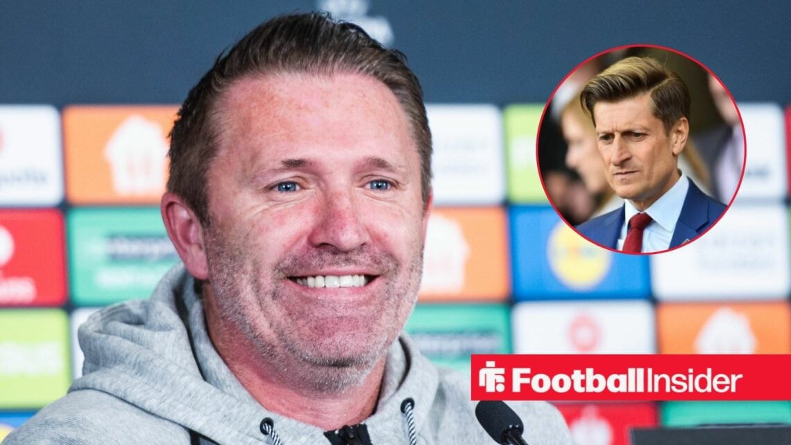 Ferencvaros manager Robbie Keane smiles in a press conference, as Crystal Palace chairman Steve Parish features in a circular inset.