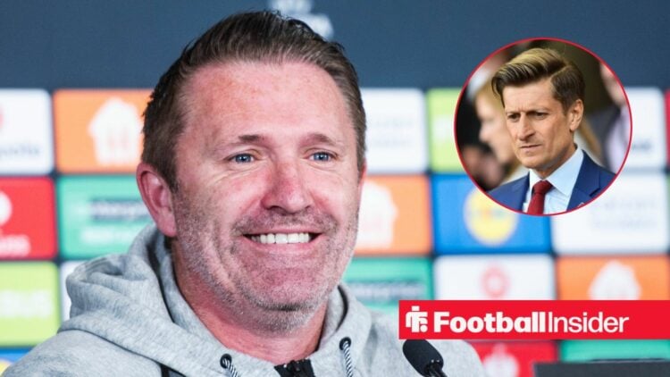 Ferencvaros manager Robbie Keane smiles in a press conference, as Crystal Palace chairman Steve Parish features in a circular inset.