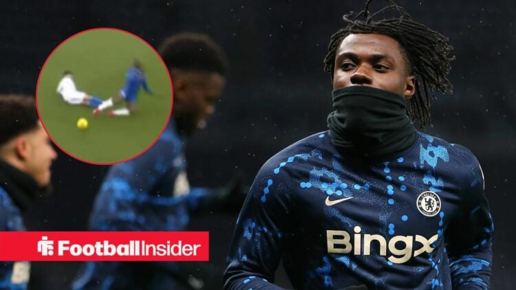 Tottenham Hotspur versus Chelsea Romeo Lavia of Chelsea warms up ahead of kick-off / Oliver Pickles fouls Chelsea star in U21s match in a circular ...