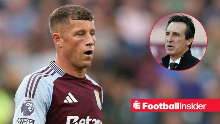 Ross Barkley in action for Aston Villa, with Unai Emery in a circular inset